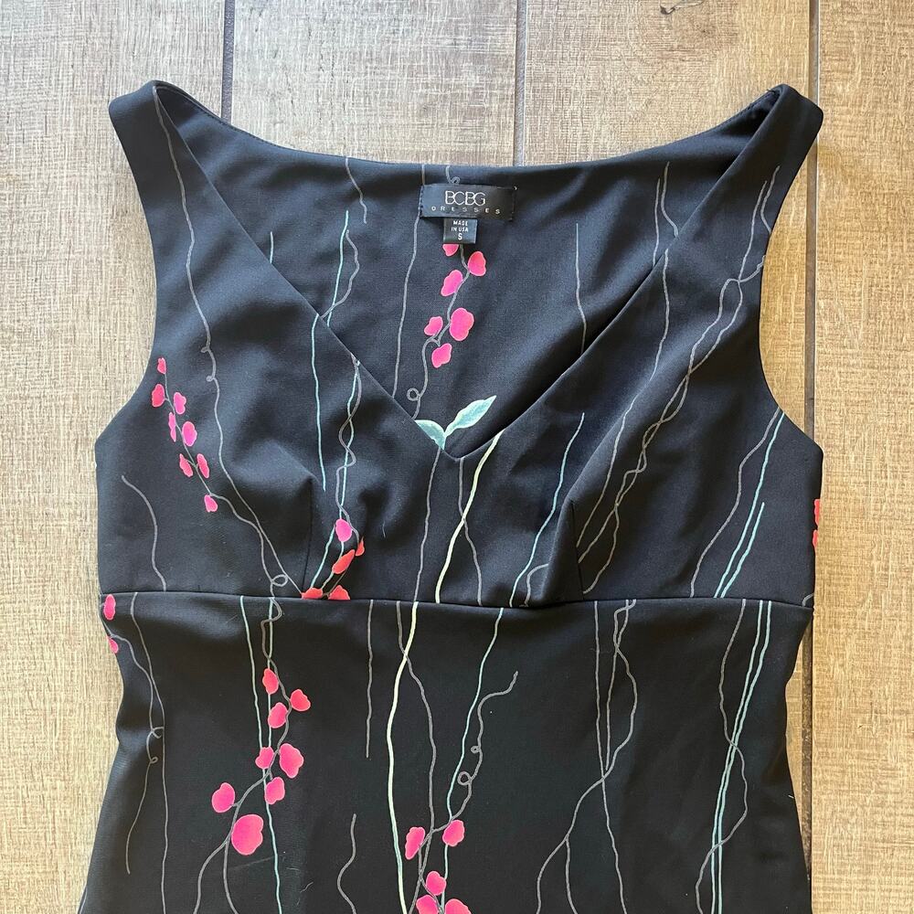 BCBG Dress 90s Y2K Black Floral Print Sleeveless V-Neck Stretch Size Small USA - Picture 3 of 8